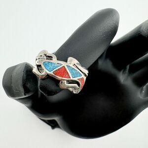 Vintage Southwestern Crushed Turquoise Coral 925 Silver Ring Natural Boho